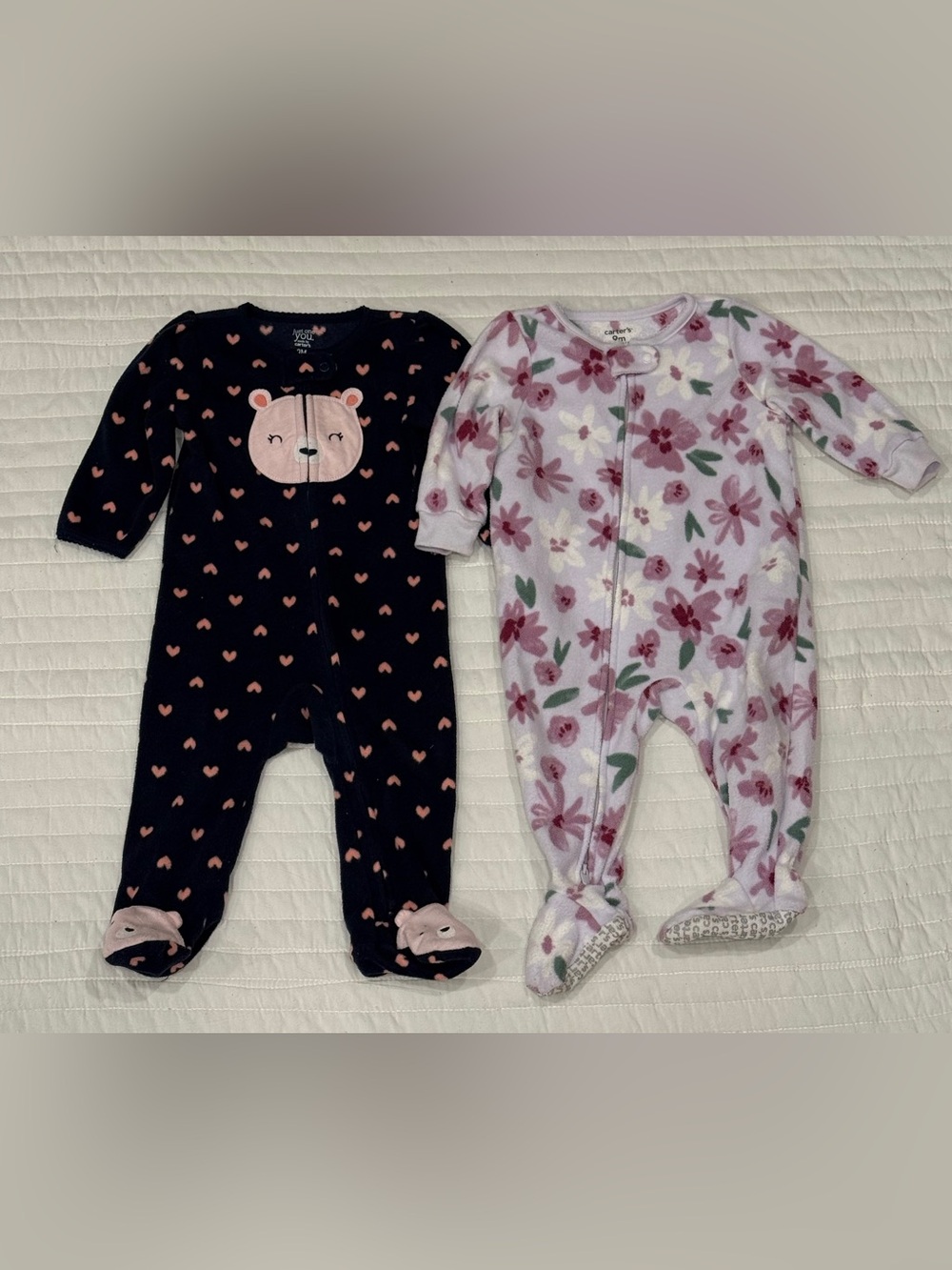 Carters Baby Girl Fleece Footie Sleeper Pajamas Grippy Feet 9 Months Set of 2